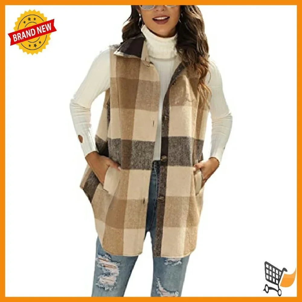 Women's Flannel Plaid Vest Sleeveless Button Down Shirt Jacket Pockets